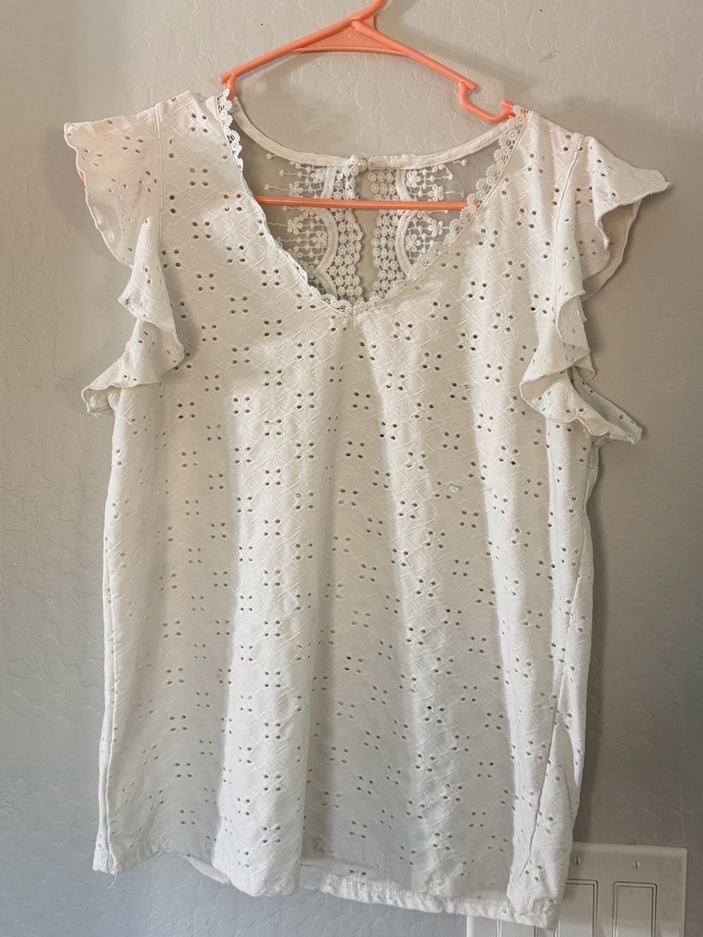 Women's White Eyelet Ruffle Sleeve Top